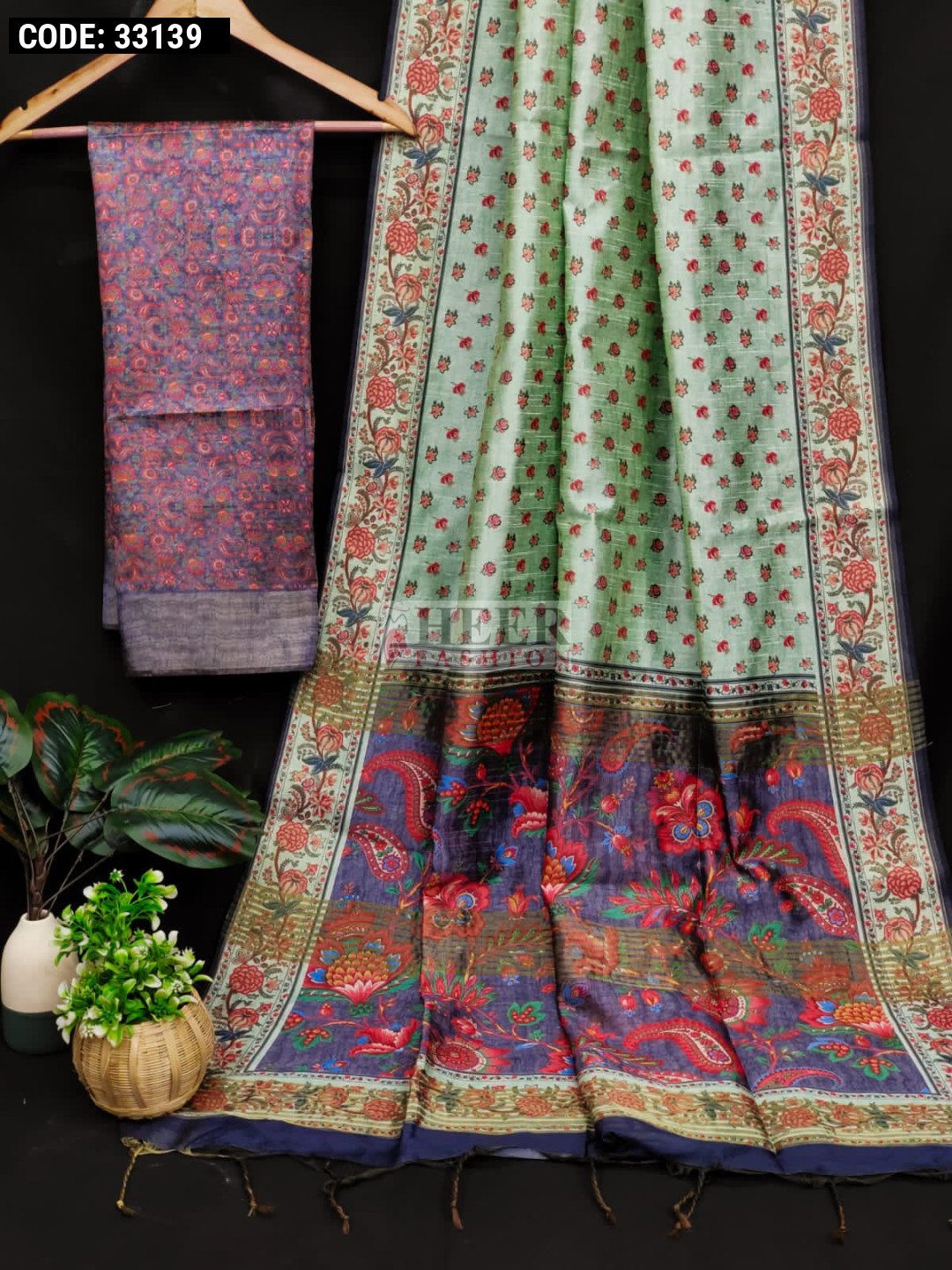 Pista Green Color Tussar Silk Saree With Digital Printed Work