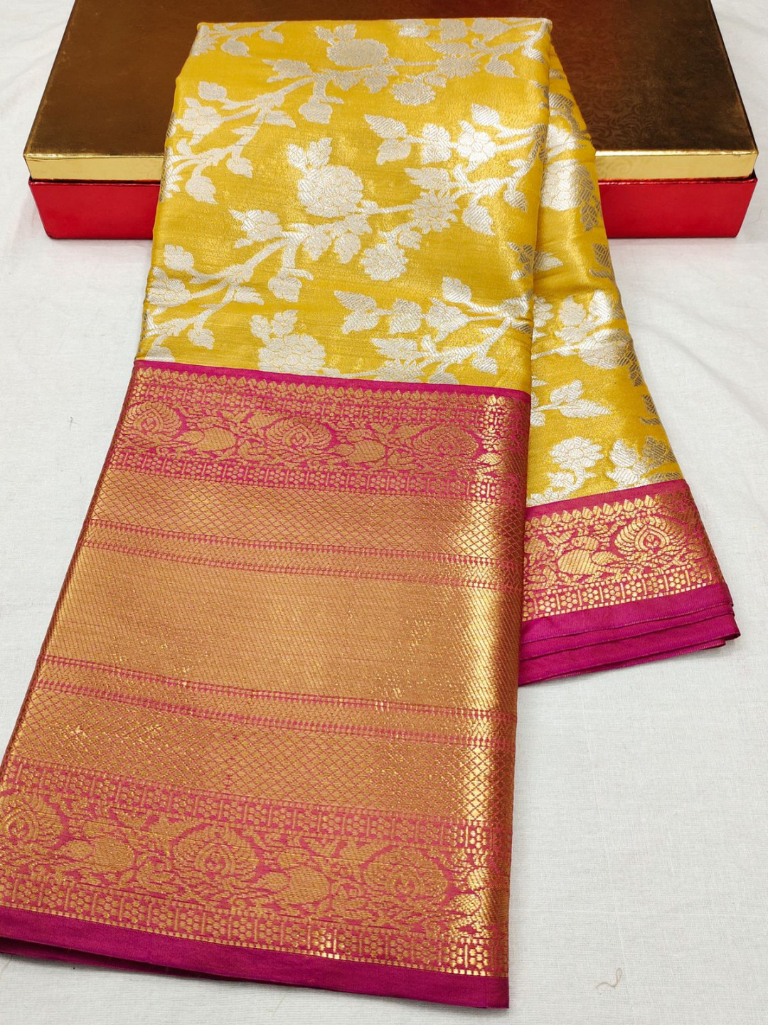 Yellow Color Banarasi Silk Saree With Zari Weaving Work