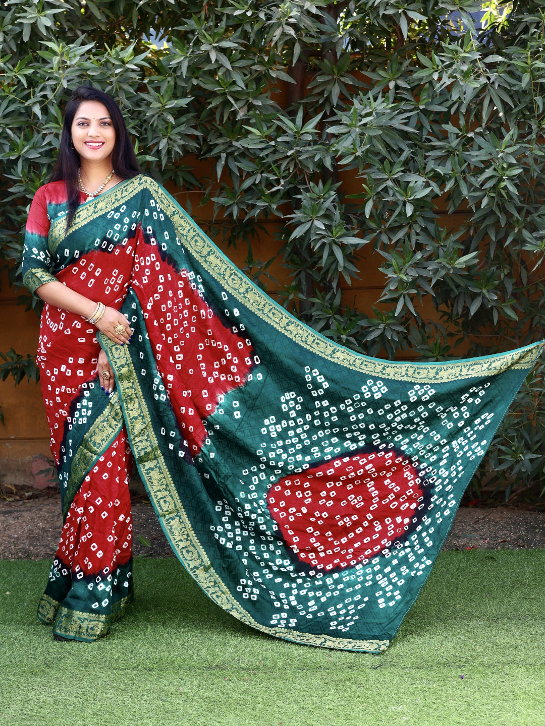 Red And Green Color Bandhej Silk Saree With Zari Weaving Work