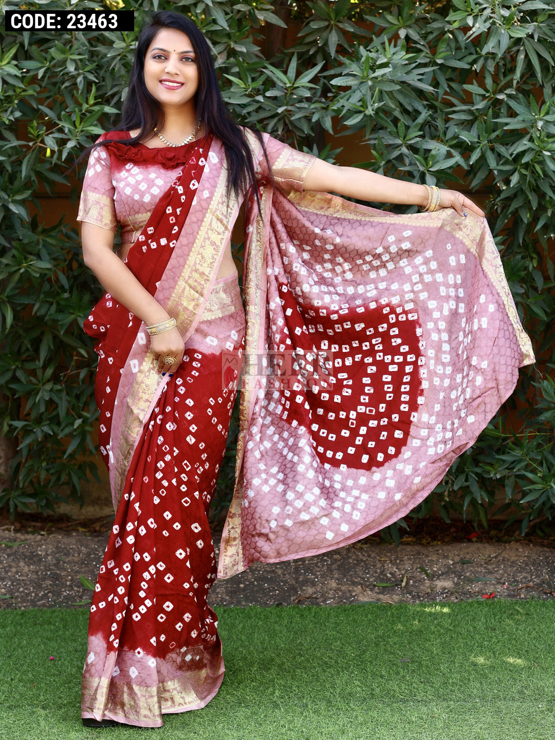 Multi Color Hand Bandhej Silk Saree With Zari Weaving Work