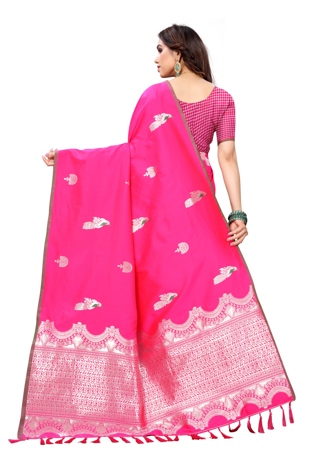 Rani Pink Color Lichi Silk Saree With Silver Zari Weaving Work