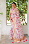 Pink color linen saree with embroidered and stone work