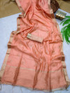 Peach color soft linen saree with zari weaving work