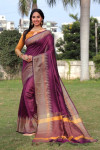 Magenta color row silk weaving saree with temple woven border