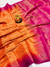 Orange color pure muslin silk saree with golden zari weaving work