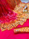 Gajari and mustard yellow color bandhani printed saree with golden zari weaving work