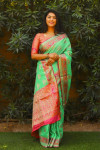 Green color soft cotton saree with golden zari weaving work