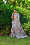 Gray color Soft Munga Silk Weaving digital printed  saree