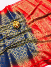 Navy blue color pure muslin silk saree with golden zari weaving work