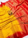 Yellow color pure muslin silk saree with golden zari weaving work