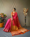 Pink color leheriya silk saree with golden zari woven work
