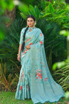 Blue color Soft Munga Silk Weaving digital printed  saree