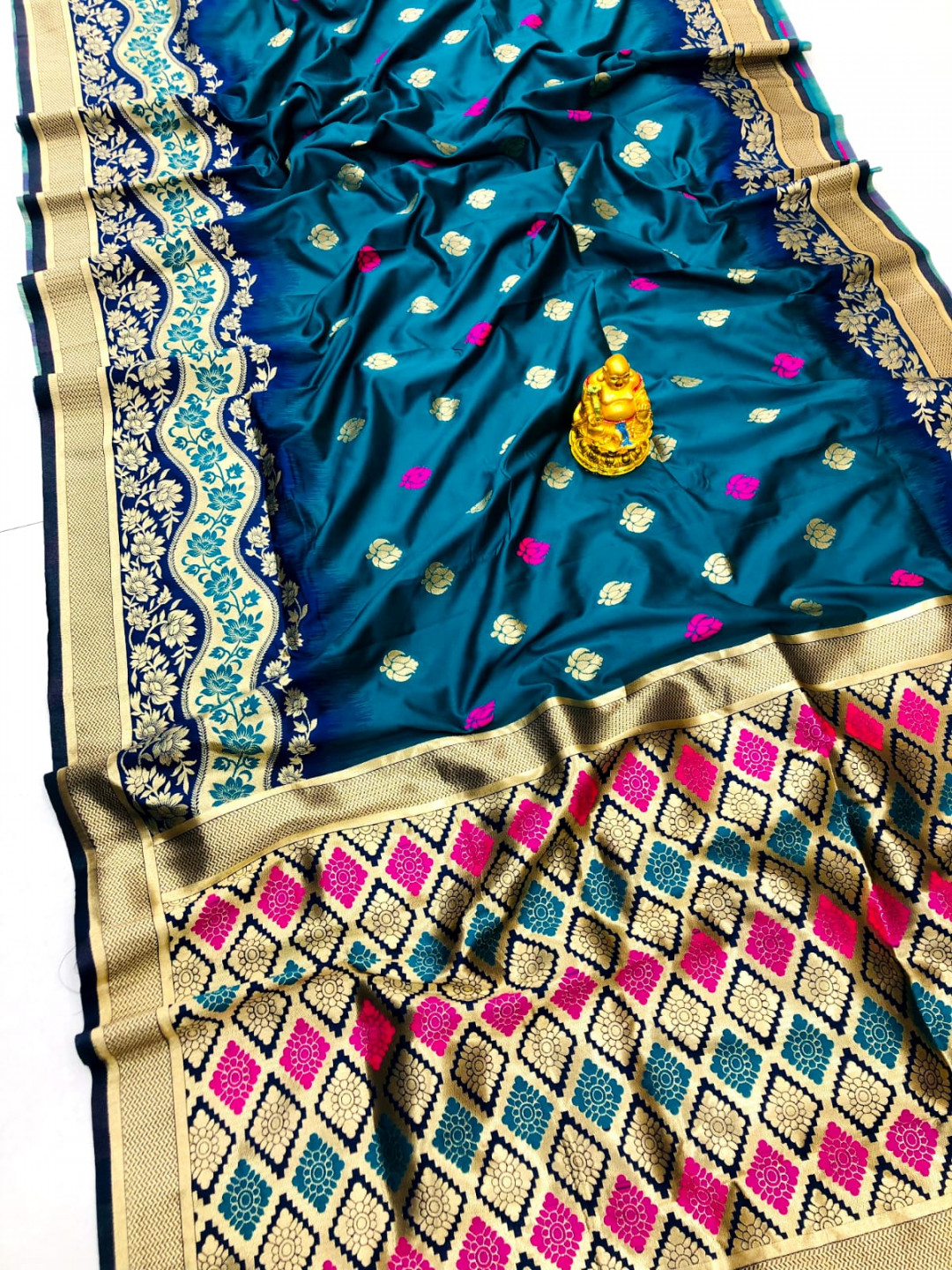 Rama green color paithani silk saree with zari weaving work