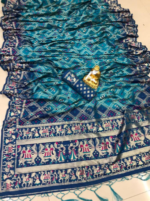 Rama green and blue color bandhani printed saree with golden zari weaving work