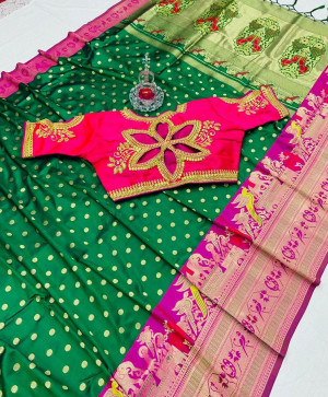 Green color paithani silk saree with full stitched blouse