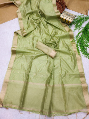 Pista green color soft linen saree with zari weaving work