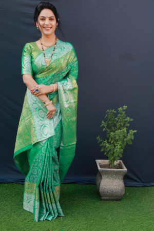 Green color soft muslin silk saree with woven work