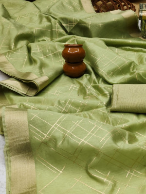Pista green color soft linen saree with zari weaving work