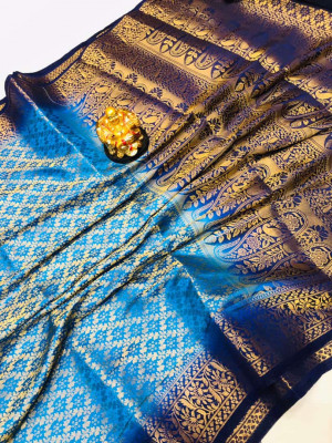Firoji color pure muslin silk saree with golden zari weaving work