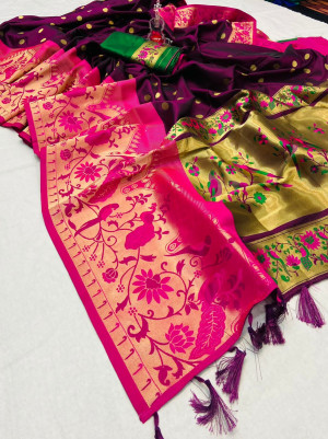 Magenta color pure paithani silk saree with zari weaving work