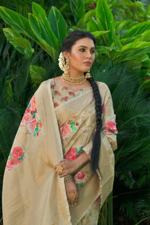 Cream color Soft Munga Silk Weaving digital printed  saree