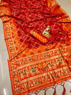 Red and mustard yellow color bandhani printed saree with golden zari weaving work