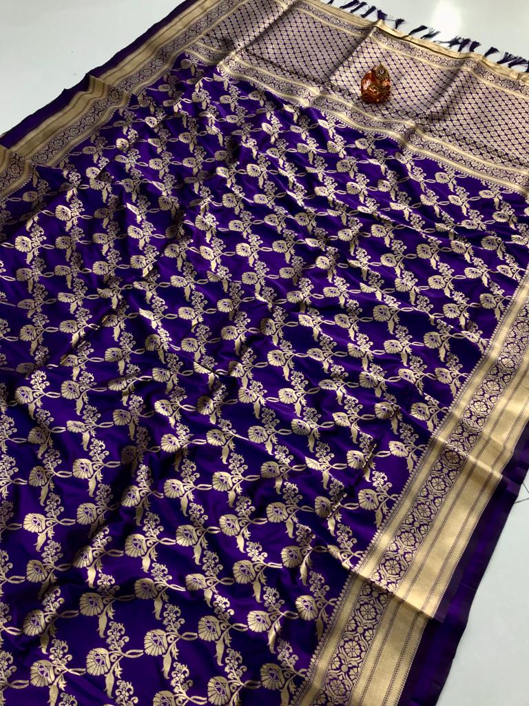Royal blue color banarasi silk saree with golden zari weaving work
