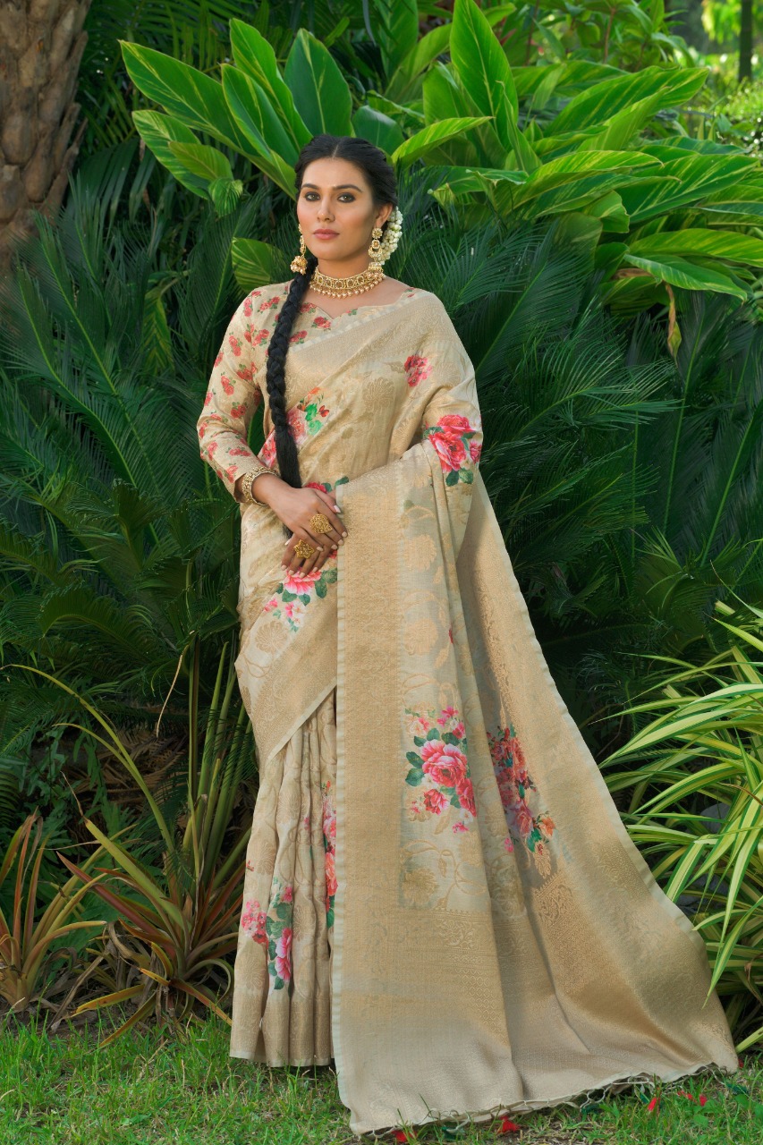 Cream color Soft Munga Silk Weaving digital printed saree