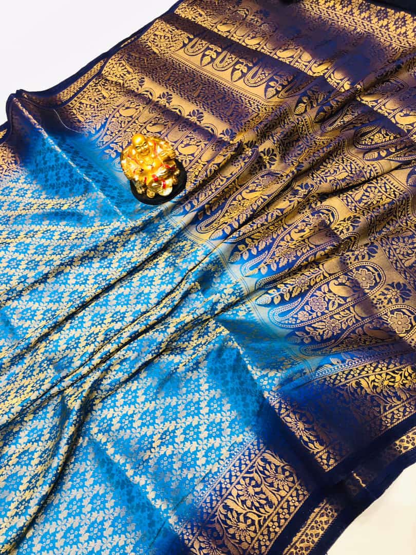 Firoji color pure muslin silk saree with golden zari weaving work