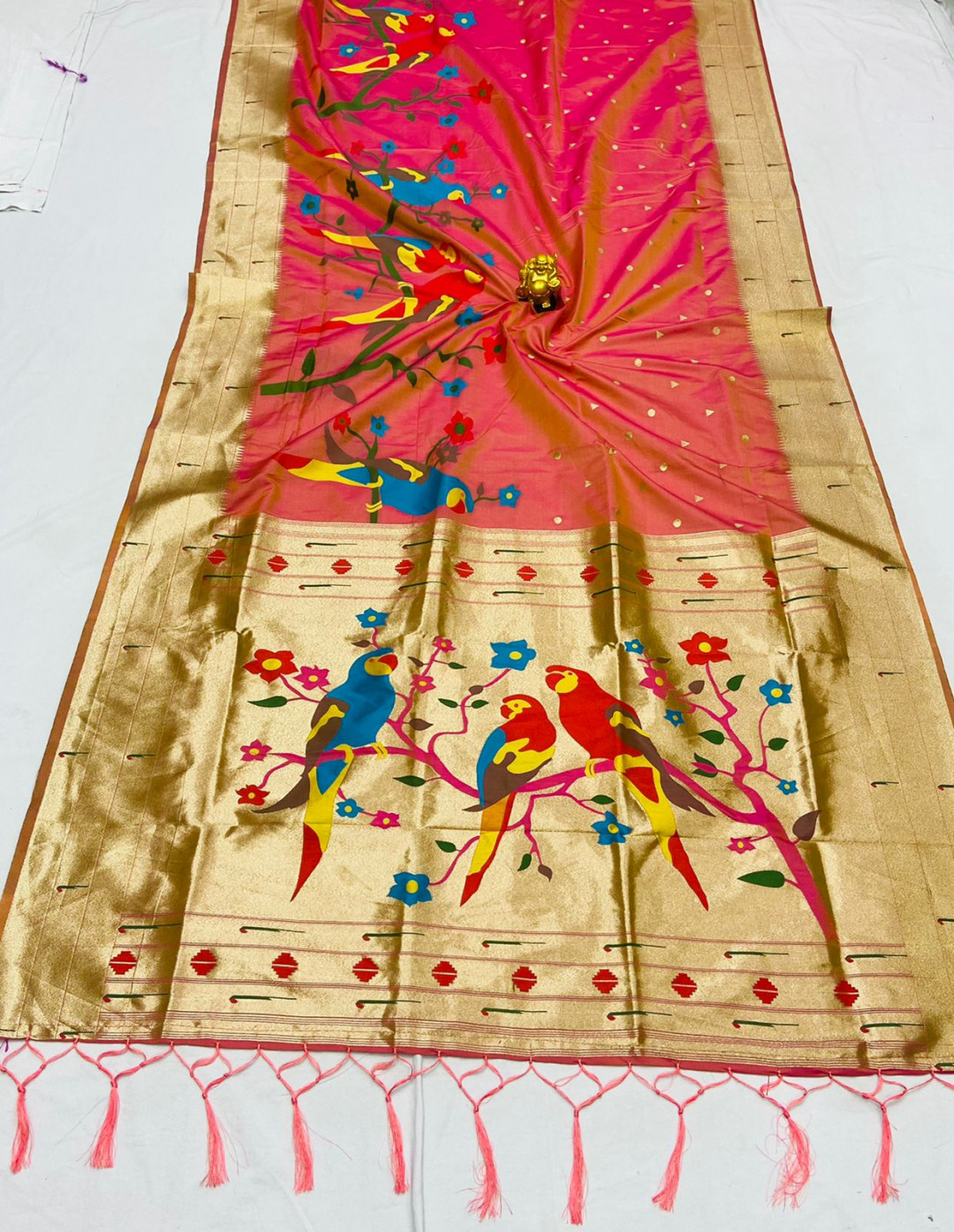 Peach color paithani silk saree with zari weaving work