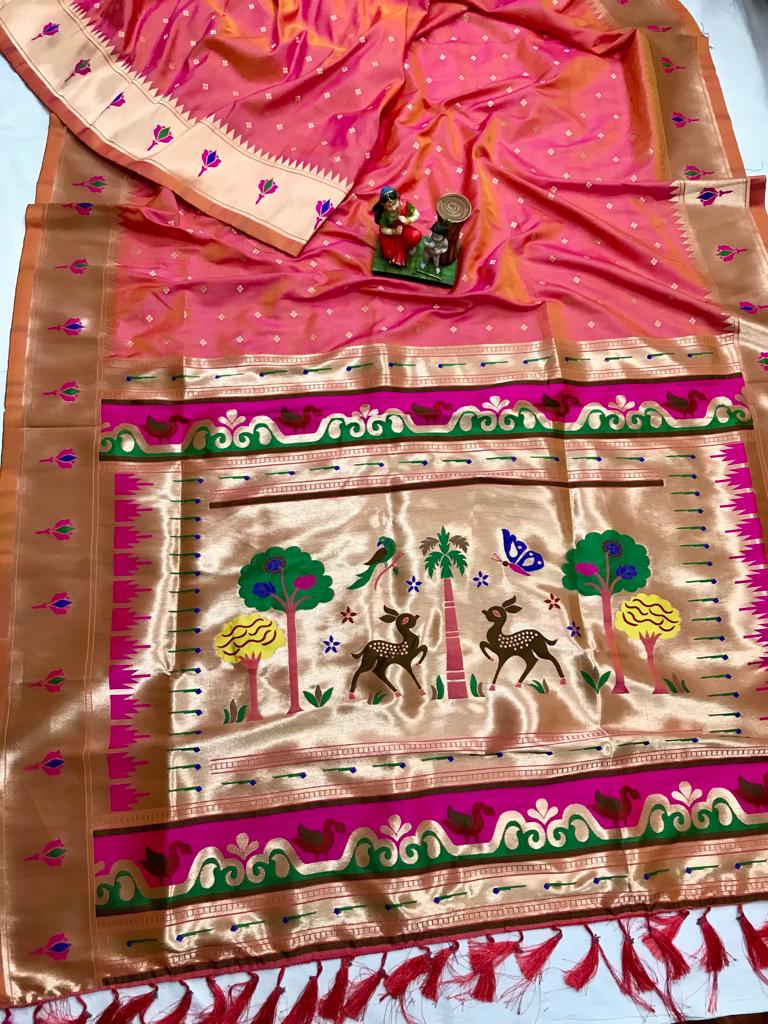 Peach color paithani silk saree with golden zari weaving work
