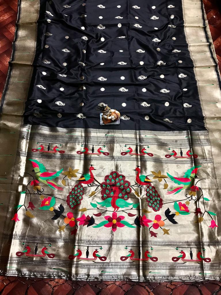 Black color paithani silk saree with zari weaving work