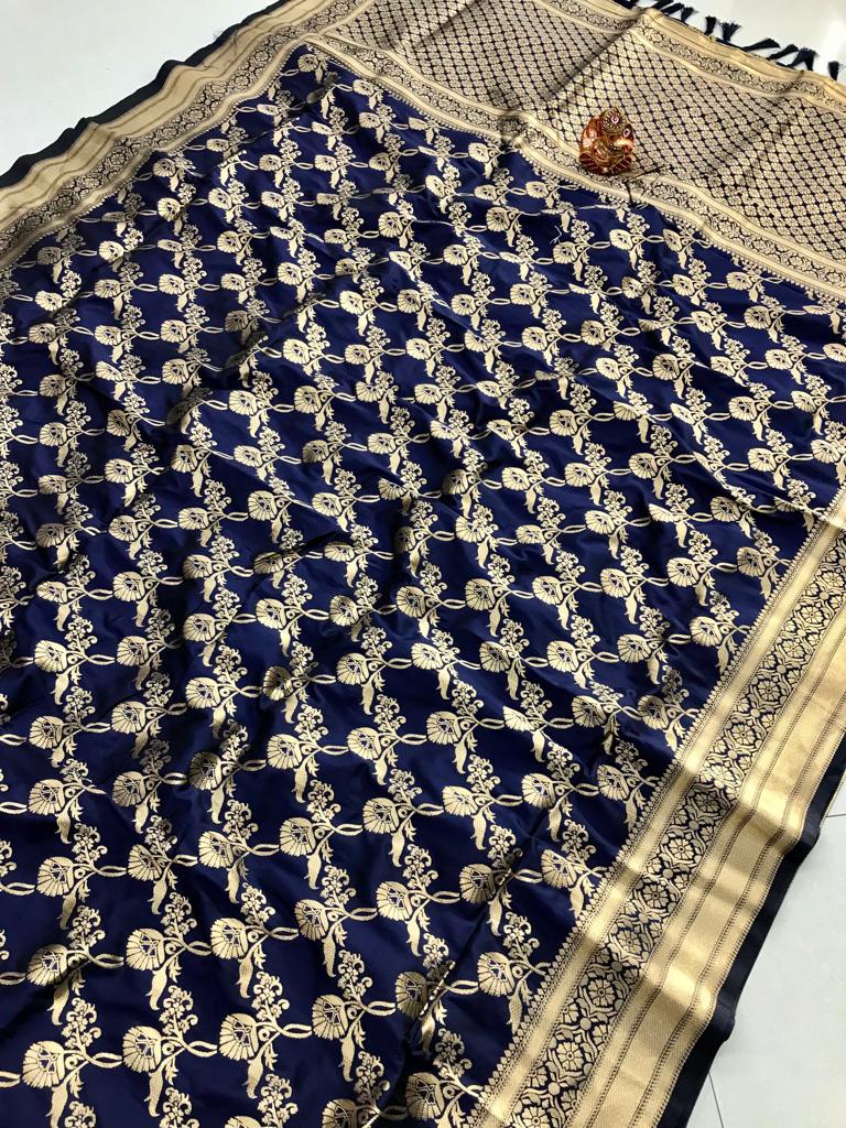 Navy blue color banarasi silk saree with golden zari weaving work