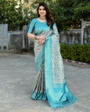 Firoji color banarasi silk saree with digital printed work