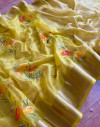 Yellow color organza silk saree with printed work