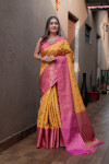 Yellow color banarasi silk saree with woven design