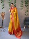 Mustard yellow color organza silk saree with zari weaving work