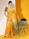 Mustard yellow color soft raw silk saree with woven design