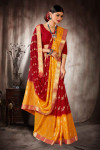 Red color soft dola silk saree with foil printed work