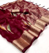 Maroon color soft organza silk saree with zari weaving work