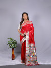 Red color paithani silk saree with zari woven work