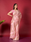 Baby pink color linen silk saree with zari weaving work