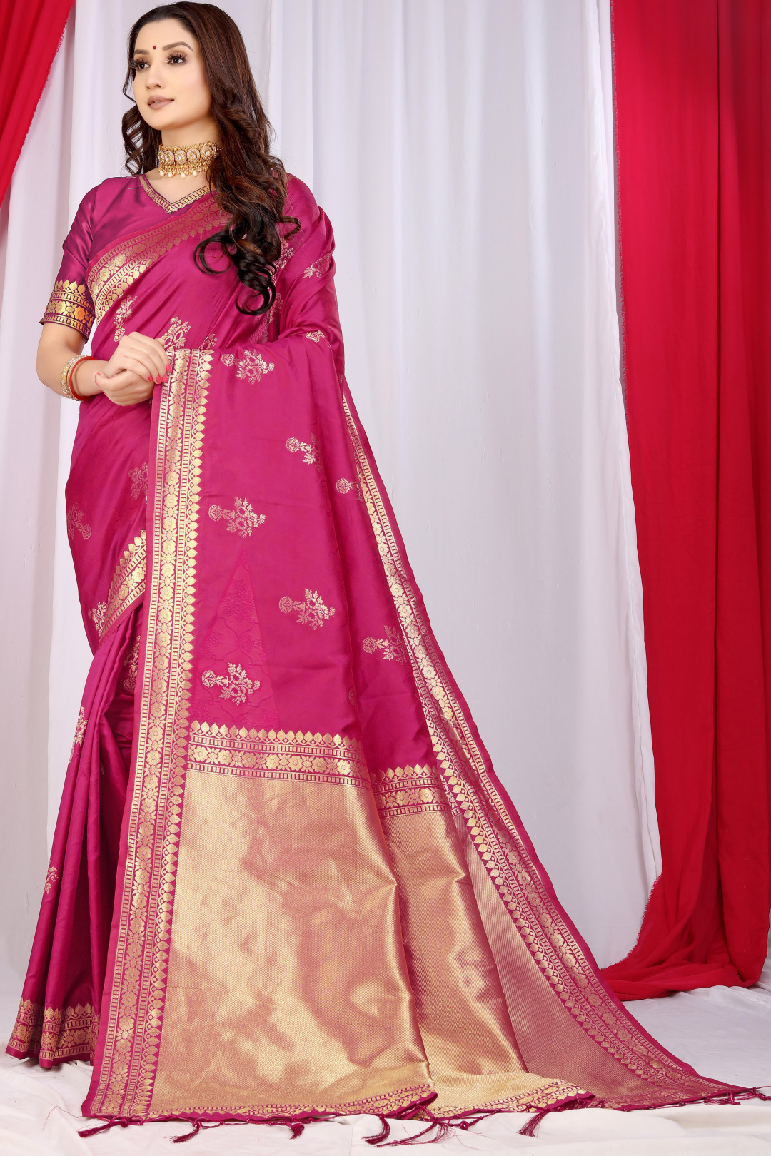 Magenta color banarasi silk saree with zari weaving work