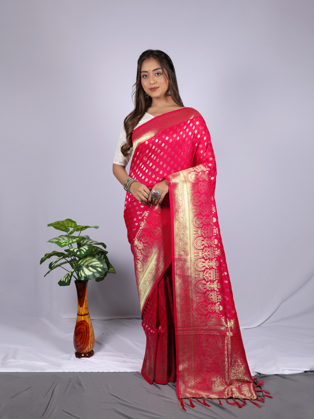 Pink color banarasi silk saree with zari weaving work