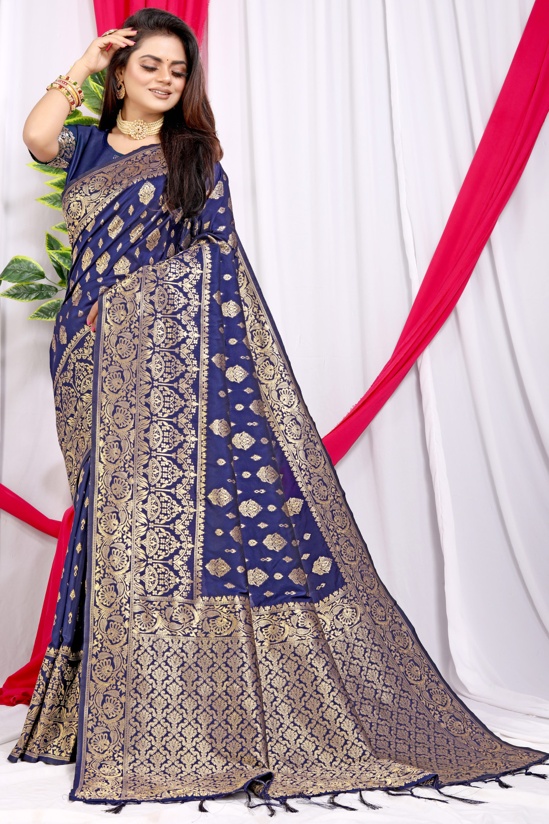 Navy blue color banarasi silk saree with zari weaving work
