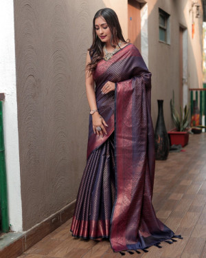 Navy blue color soft fancy silk saree with zari woven work