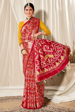 Red color dola silk saree with weaving work