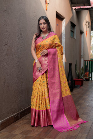 Yellow color banarasi silk saree with woven design