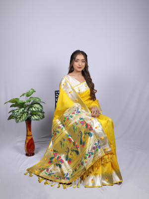 Fashion Guide Woven Zari Cotton Silk Yellow Saree SARV137281