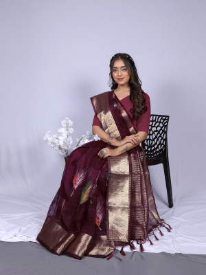 Magenta color soft organza silk saree with foil printed work